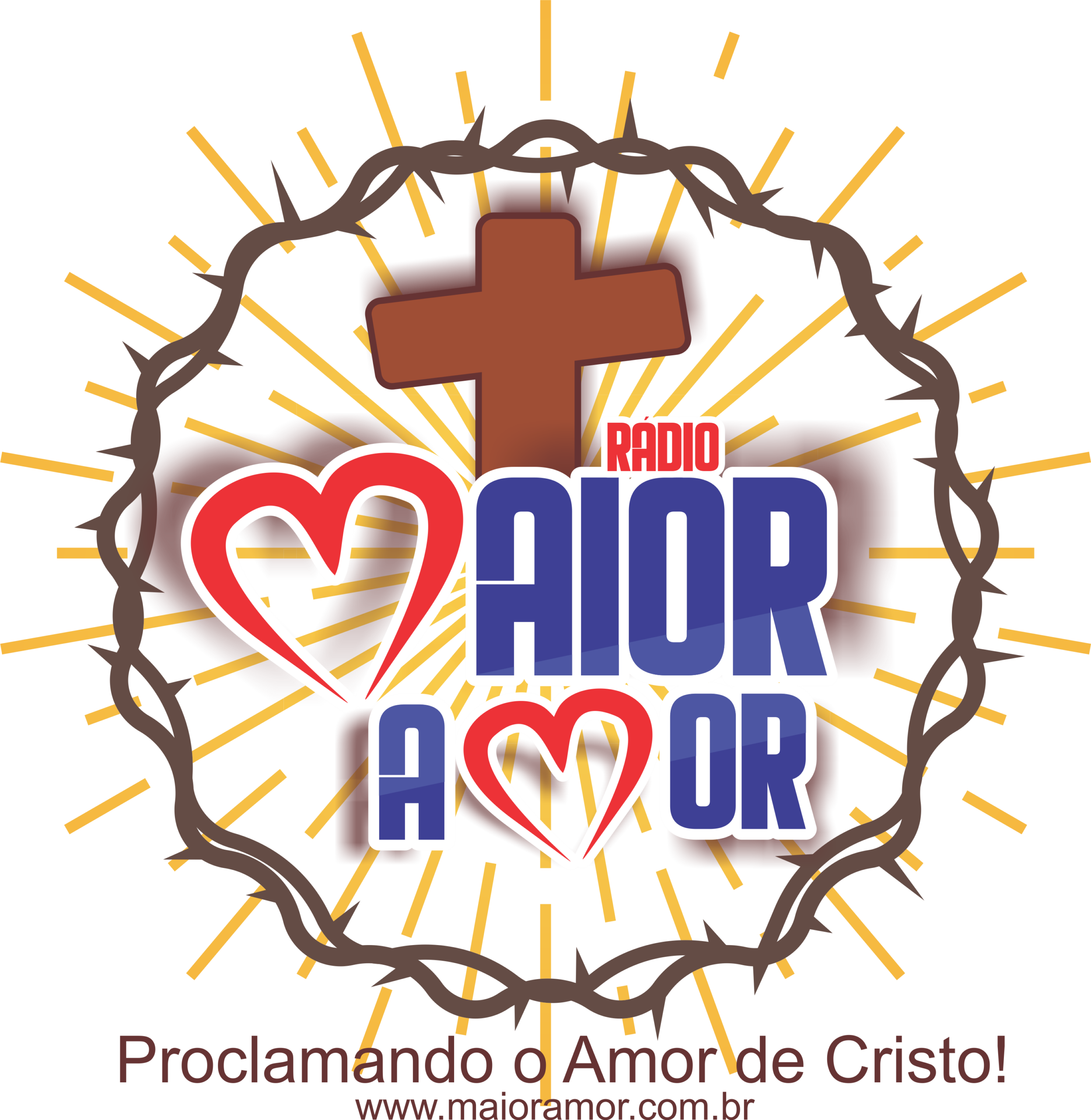 Logo da Rádio Maior Amor: uma cruz marrom ao centro, cercada por uma coroa de espinhos e raios dourados. Em cima, o texto “RÁDIO MAIOR AMOR” com dois corações vermelhos. Abaixo: “Proclamando o Amor de Cristo!” e “www.maioramor.com.br”.